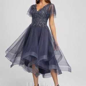 Semi-formal & Cocktail | A-line V-Neck Asymmetrical Tulle Cocktail Dress With Sequins Stormy – Womens