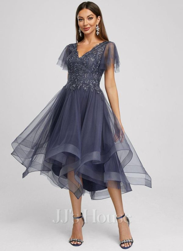 Semi-formal & Cocktail | A-line V-Neck Asymmetrical Tulle Cocktail Dress With Sequins Stormy – Womens