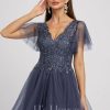 Semi-formal & Cocktail | A-line V-Neck Asymmetrical Tulle Cocktail Dress With Sequins Stormy – Womens