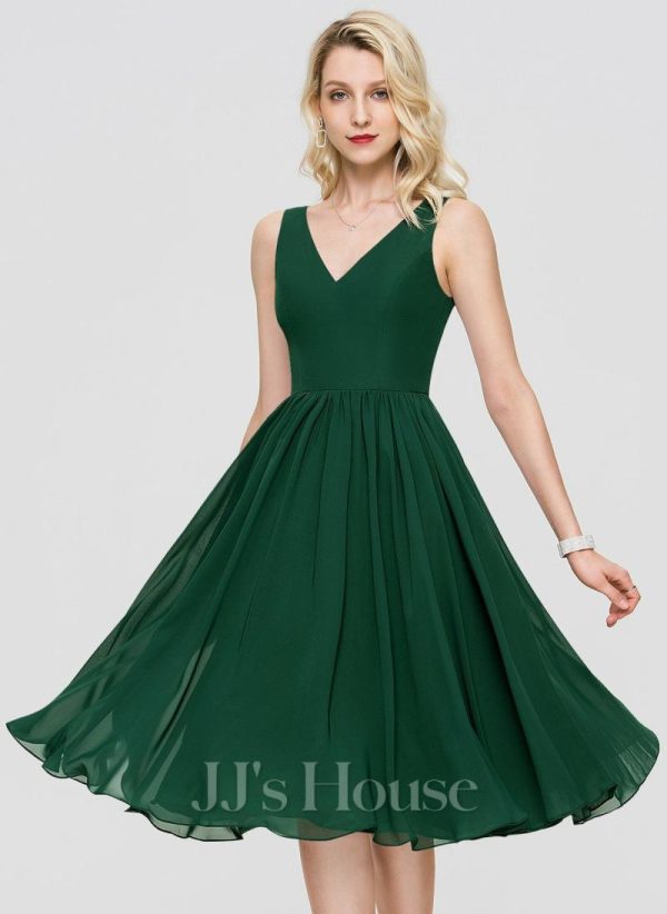 Semi-formal & Cocktail | A-line V-Neck Knee-Length Chiffon Cocktail Dress Dark Green – Womens