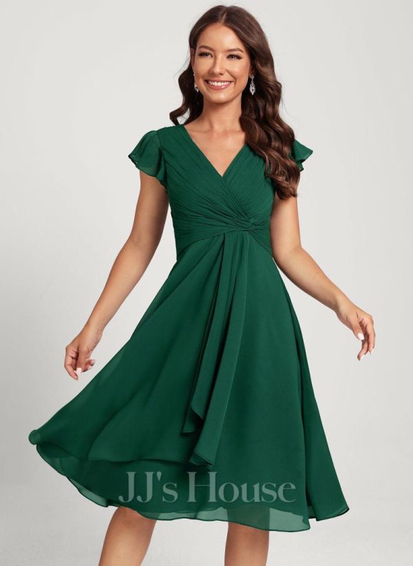 Semi-formal & Cocktail | A-line V-Neck Knee-Length Chiffon Cocktail Dress Dark Green – Womens