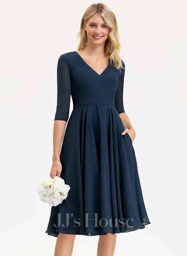 Semi-formal & Cocktail | A-line V-Neck Knee-Length Chiffon Cocktail Dress Dark Navy – Womens