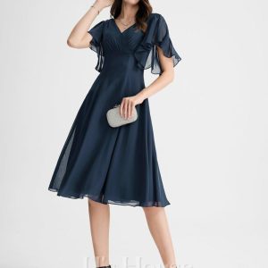 Semi-formal & Cocktail | A-line V-Neck Knee-Length Chiffon Cocktail Dress Dark Navy – Womens