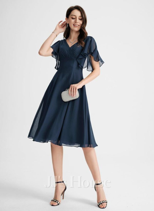 Semi-formal & Cocktail | A-line V-Neck Knee-Length Chiffon Cocktail Dress Dark Navy – Womens