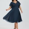 Semi-formal & Cocktail | A-line V-Neck Knee-Length Chiffon Cocktail Dress Dark Navy – Womens