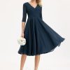 Semi-formal & Cocktail | A-line V-Neck Knee-Length Chiffon Cocktail Dress Dark Navy – Womens