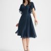 Semi-formal & Cocktail | A-line V-Neck Knee-Length Chiffon Cocktail Dress Dark Navy – Womens