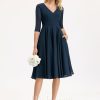 Semi-formal & Cocktail | A-line V-Neck Knee-Length Chiffon Cocktail Dress Dark Navy – Womens