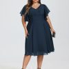 Semi-formal & Cocktail | A-line V-Neck Knee-Length Chiffon Cocktail Dress Dark Navy – Womens