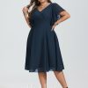 Semi-formal & Cocktail | A-line V-Neck Knee-Length Chiffon Cocktail Dress Dark Navy – Womens