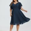 Semi-formal & Cocktail | A-line V-Neck Knee-Length Chiffon Cocktail Dress Dark Navy – Womens