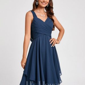 Semi-formal & Cocktail | A-line V-Neck Knee-Length Chiffon Cocktail Dress Navy Blue – Womens