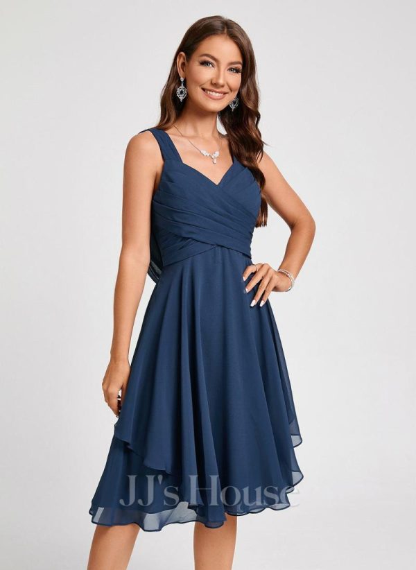 Semi-formal & Cocktail | A-line V-Neck Knee-Length Chiffon Cocktail Dress Navy Blue – Womens