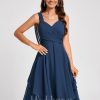 Semi-formal & Cocktail | A-line V-Neck Knee-Length Chiffon Cocktail Dress Navy Blue – Womens