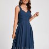 Semi-formal & Cocktail | A-line V-Neck Knee-Length Chiffon Cocktail Dress Navy Blue – Womens