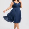 Semi-formal & Cocktail | A-line V-Neck Knee-Length Chiffon Cocktail Dress Navy Blue – Womens