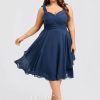 Semi-formal & Cocktail | A-line V-Neck Knee-Length Chiffon Cocktail Dress Navy Blue – Womens