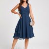 Semi-formal & Cocktail | A-line V-Neck Knee-Length Chiffon Cocktail Dress Navy Blue – Womens