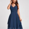 Semi-formal & Cocktail | A-line V-Neck Knee-Length Chiffon Cocktail Dress Navy Blue – Womens