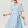 Semi-formal & Cocktail | A-line V-Neck Knee-Length Chiffon Cocktail Dress Sky Blue – Womens