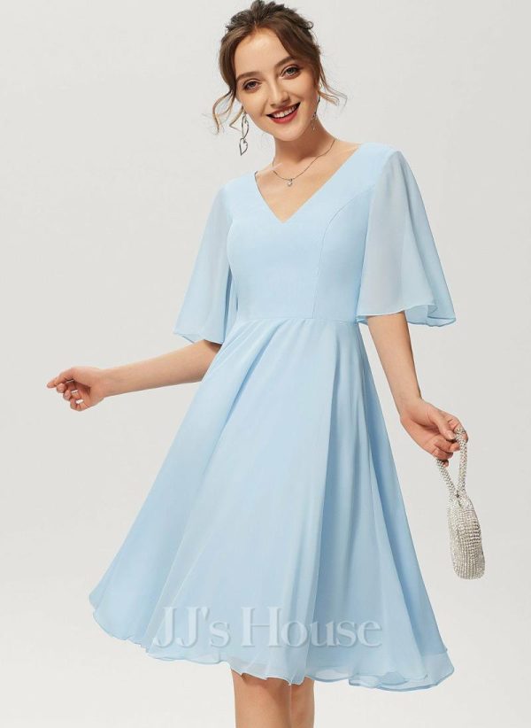 Semi-formal & Cocktail | A-line V-Neck Knee-Length Chiffon Cocktail Dress Sky Blue – Womens