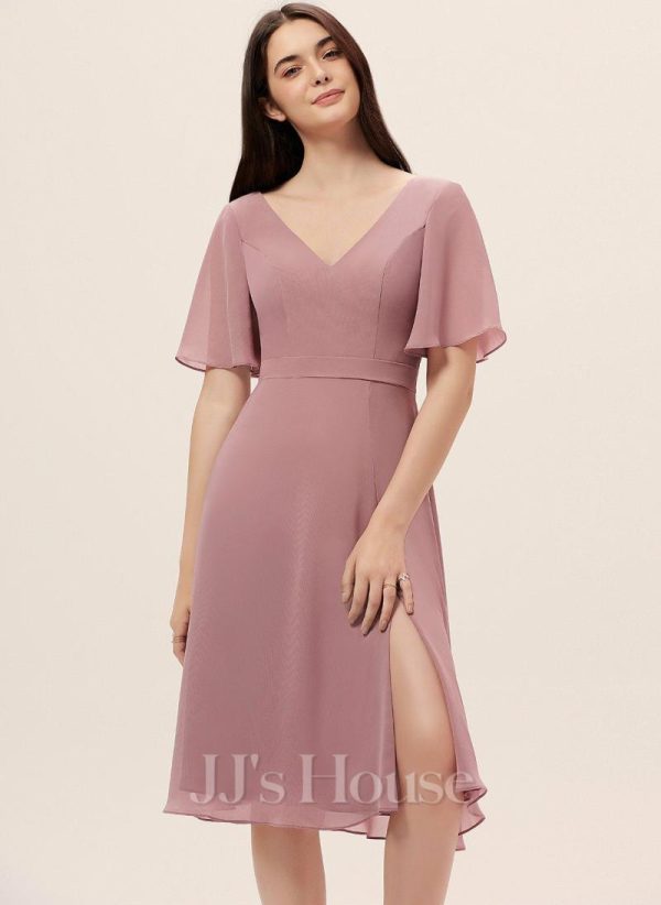 Semi-formal & Cocktail | A-line V-Neck Knee-Length Chiffon Cocktail Dress Vintage Mauve – Womens