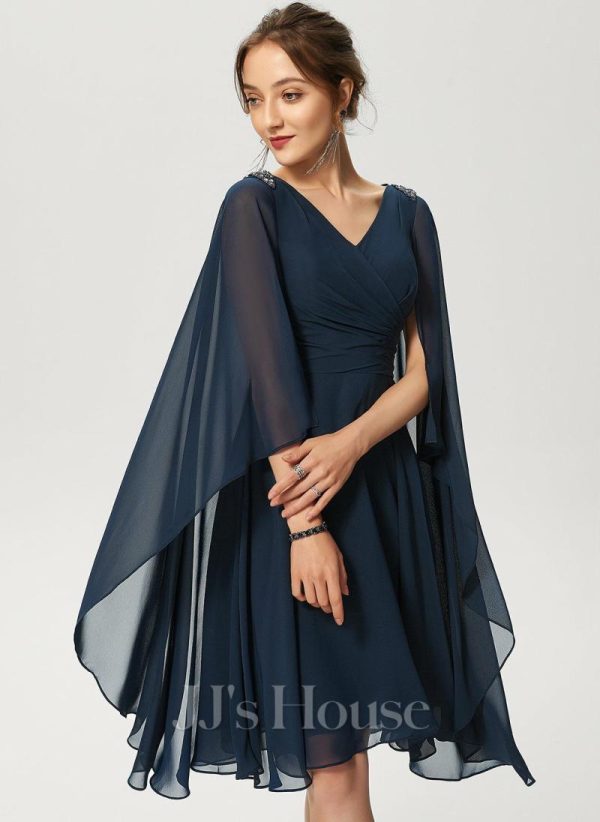 Semi-formal & Cocktail | A-line V-Neck Knee-Length Chiffon Cocktail Dress With Beading Dark Navy – Womens