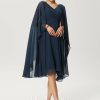 Semi-formal & Cocktail | A-line V-Neck Knee-Length Chiffon Cocktail Dress With Beading Dark Navy – Womens