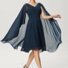 Semi-formal & Cocktail | A-line V-Neck Knee-Length Chiffon Cocktail Dress With Beading Dark Navy – Womens