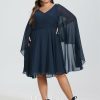 Semi-formal & Cocktail | A-line V-Neck Knee-Length Chiffon Cocktail Dress With Beading Dark Navy – Womens