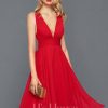 Semi-formal & Cocktail | A-line V-Neck Knee-Length Chiffon Cocktail Dress With Bow Ruffle Red – Womens