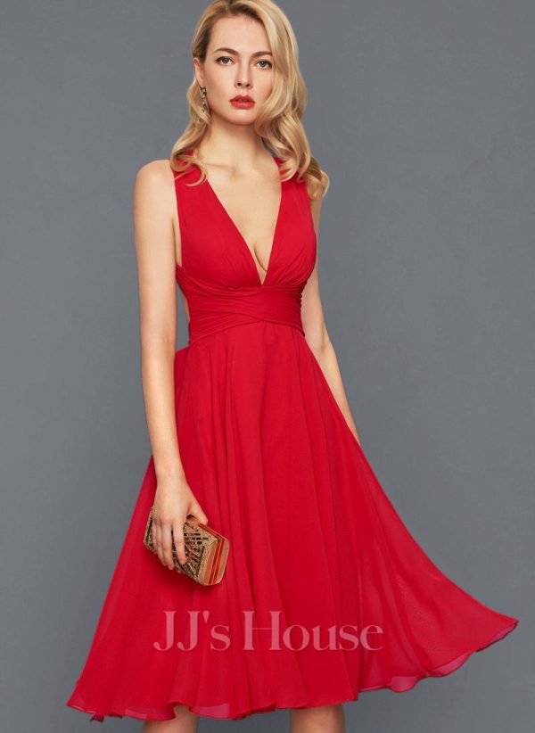 Semi-formal & Cocktail | A-line V-Neck Knee-Length Chiffon Cocktail Dress With Bow Ruffle Red – Womens