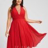 Semi-formal & Cocktail | A-line V-Neck Knee-Length Chiffon Cocktail Dress With Bow Ruffle Red – Womens