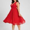 Semi-formal & Cocktail | A-line V-Neck Knee-Length Chiffon Cocktail Dress With Bow Ruffle Red – Womens