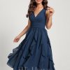 Semi-formal & Cocktail | A-line V-Neck Knee-Length Chiffon Cocktail Dress With Cascading Ruffles Navy Blue – Womens