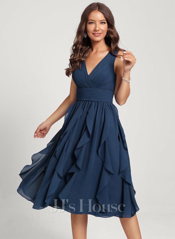 Semi-formal & Cocktail | A-line V-Neck Knee-Length Chiffon Cocktail Dress With Cascading Ruffles Navy Blue – Womens