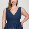 Semi-formal & Cocktail | A-line V-Neck Knee-Length Chiffon Cocktail Dress With Cascading Ruffles Navy Blue – Womens