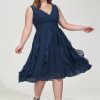 Semi-formal & Cocktail | A-line V-Neck Knee-Length Chiffon Cocktail Dress With Cascading Ruffles Navy Blue – Womens