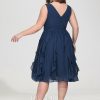 Semi-formal & Cocktail | A-line V-Neck Knee-Length Chiffon Cocktail Dress With Cascading Ruffles Navy Blue – Womens