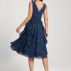 Semi-formal & Cocktail | A-line V-Neck Knee-Length Chiffon Cocktail Dress With Cascading Ruffles Navy Blue – Womens