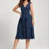 Semi-formal & Cocktail | A-line V-Neck Knee-Length Chiffon Cocktail Dress With Cascading Ruffles Navy Blue – Womens