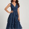 Semi-formal & Cocktail | A-line V-Neck Knee-Length Chiffon Cocktail Dress With Cascading Ruffles Navy Blue – Womens