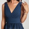 Semi-formal & Cocktail | A-line V-Neck Knee-Length Chiffon Cocktail Dress With Cascading Ruffles Navy Blue – Womens