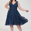 Semi-formal & Cocktail | A-line V-Neck Knee-Length Chiffon Cocktail Dress With Cascading Ruffles Navy Blue – Womens