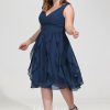 Semi-formal & Cocktail | A-line V-Neck Knee-Length Chiffon Cocktail Dress With Cascading Ruffles Navy Blue – Womens