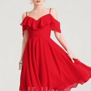 Semi-formal & Cocktail | A-line V-Neck Knee-Length Chiffon Cocktail Dress With Cascading Ruffles Red – Womens