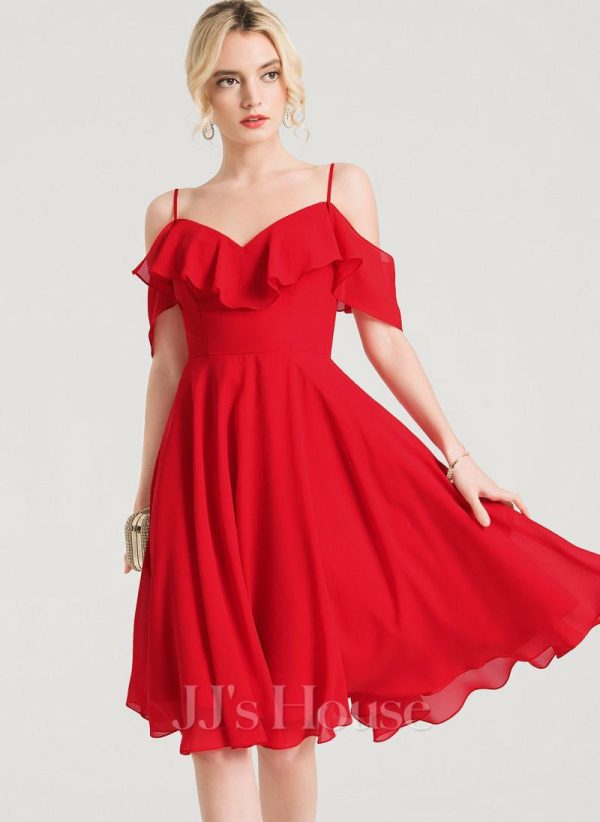 Semi-formal & Cocktail | A-line V-Neck Knee-Length Chiffon Cocktail Dress With Cascading Ruffles Red – Womens