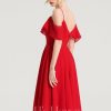 Semi-formal & Cocktail | A-line V-Neck Knee-Length Chiffon Cocktail Dress With Cascading Ruffles Red – Womens