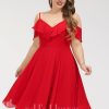 Semi-formal & Cocktail | A-line V-Neck Knee-Length Chiffon Cocktail Dress With Cascading Ruffles Red – Womens