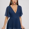 Semi-formal & Cocktail | A-line V-Neck Knee-Length Chiffon Cocktail Dress With Pleated Navy Blue – Womens